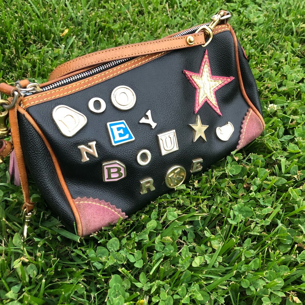 Dooney & Bourke Black Leather Crossbody with Pink Suede Accents and Tan Trim